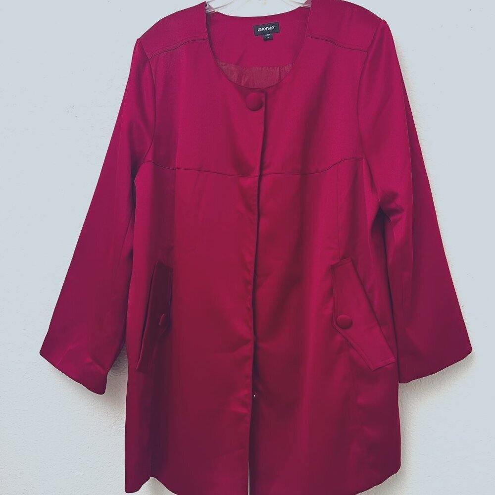 Avenue Elegant longline Red Satin Pleated Swing Jacket Coat Plus‎ Size 26